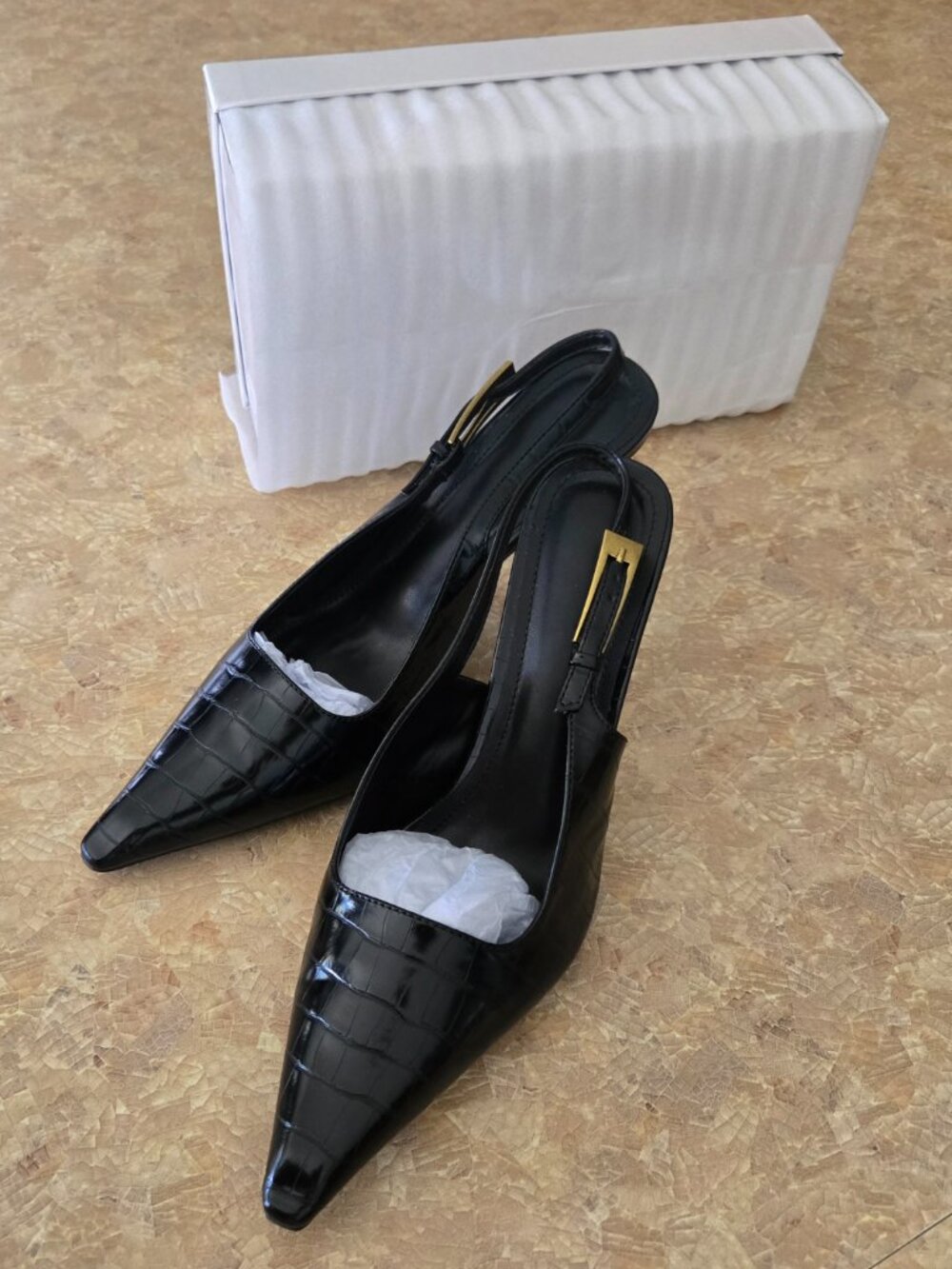 Black Croc Squared Toe Slingbacks